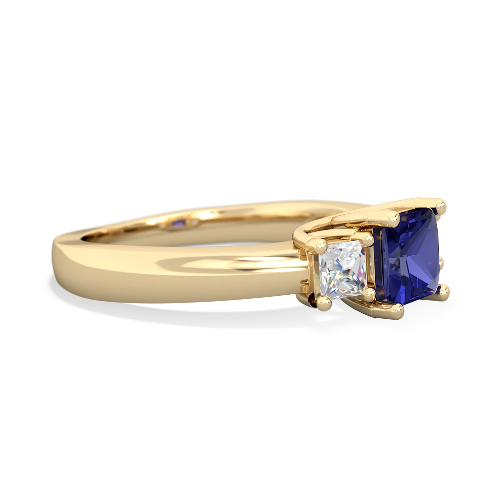 Lab Sapphire Three Stone Trellis 14K Yellow Gold ring R4015