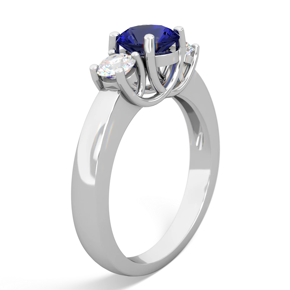 Lab Sapphire Diamond Three Stone Round Trellis 14K White Gold ring R4018