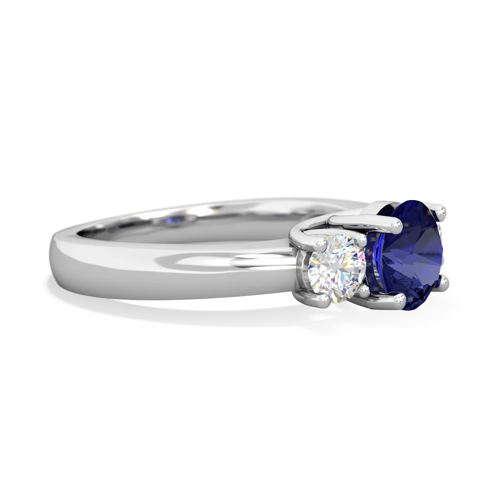 Lab Sapphire Diamond Three Stone Round Trellis 14K White Gold ring R4018