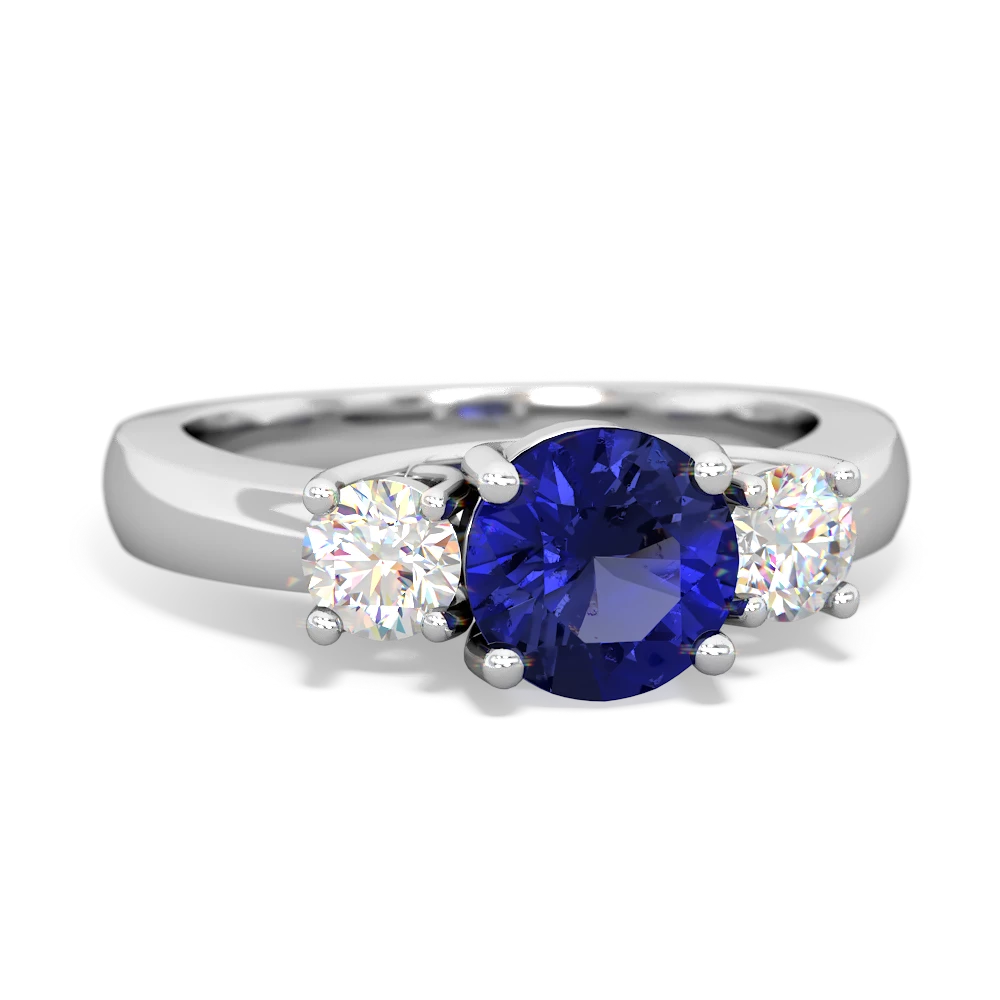 Lab Sapphire Diamond Three Stone Round Trellis 14K White Gold ring R4018