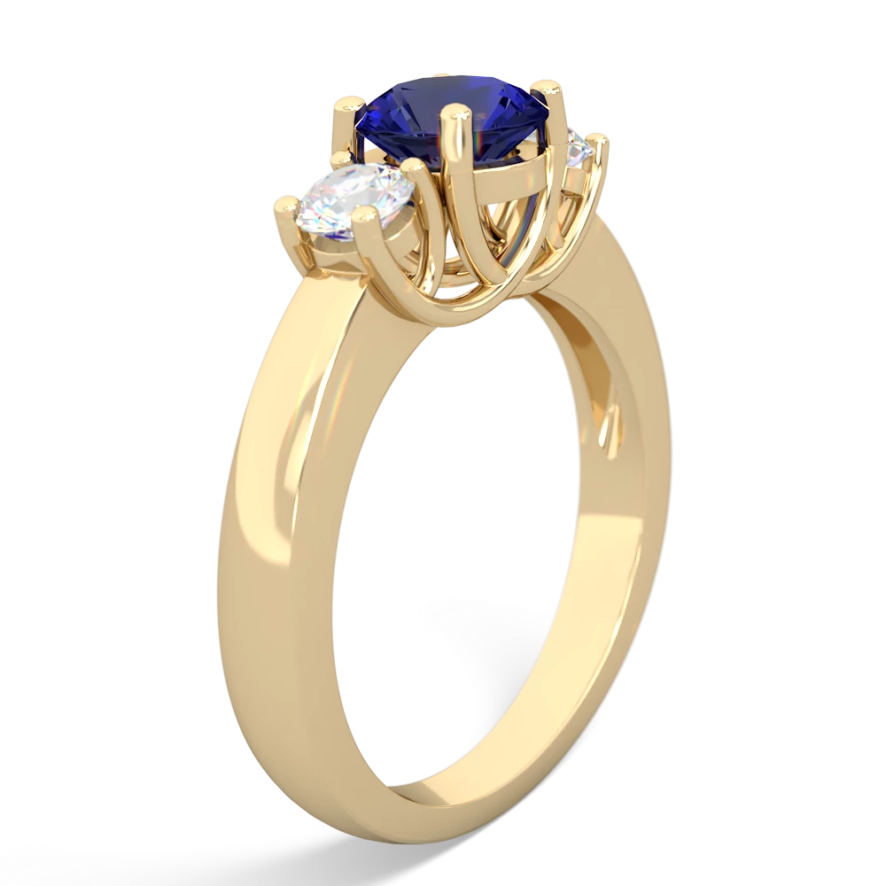 Lab Sapphire Diamond Three Stone Round Trellis 14K Yellow Gold ring R4018