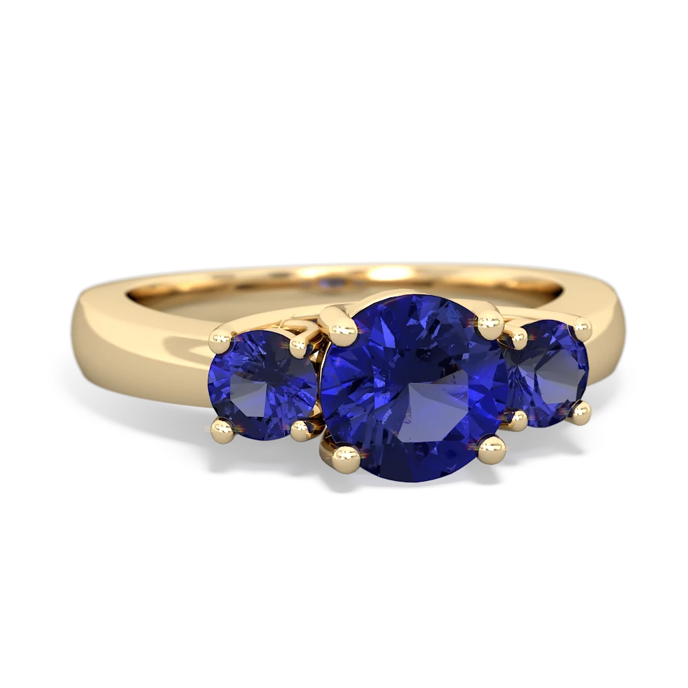 Lab Sapphire Three Stone Round Trellis 14K Yellow Gold ring R4018