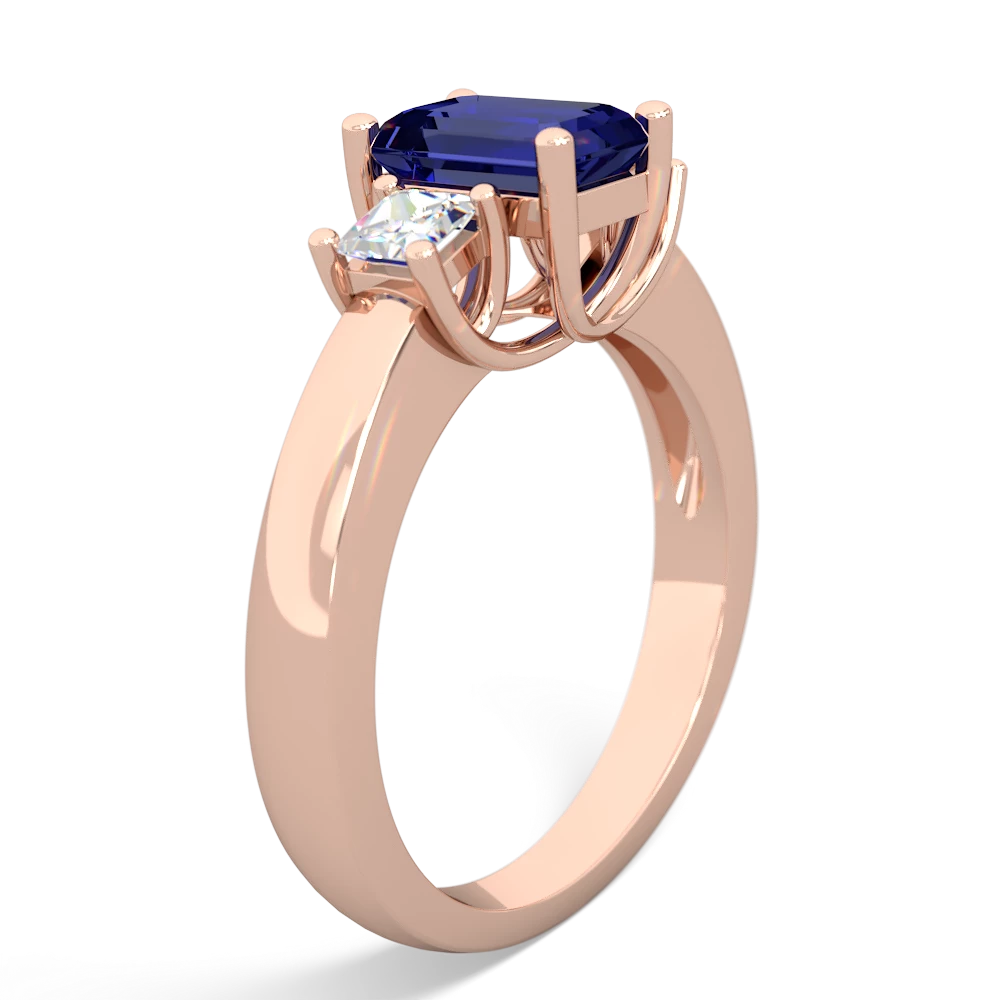 Lab Sapphire Diamond Three Stone Emerald-Cut Trellis 14K Rose Gold ring R4021
