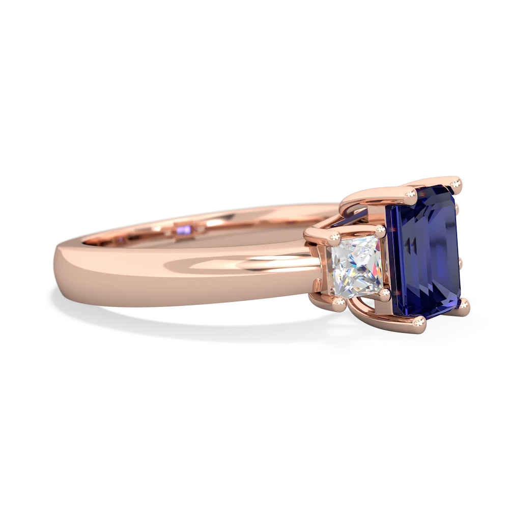 Lab Sapphire Diamond Three Stone Emerald-Cut Trellis 14K Rose Gold ring R4021
