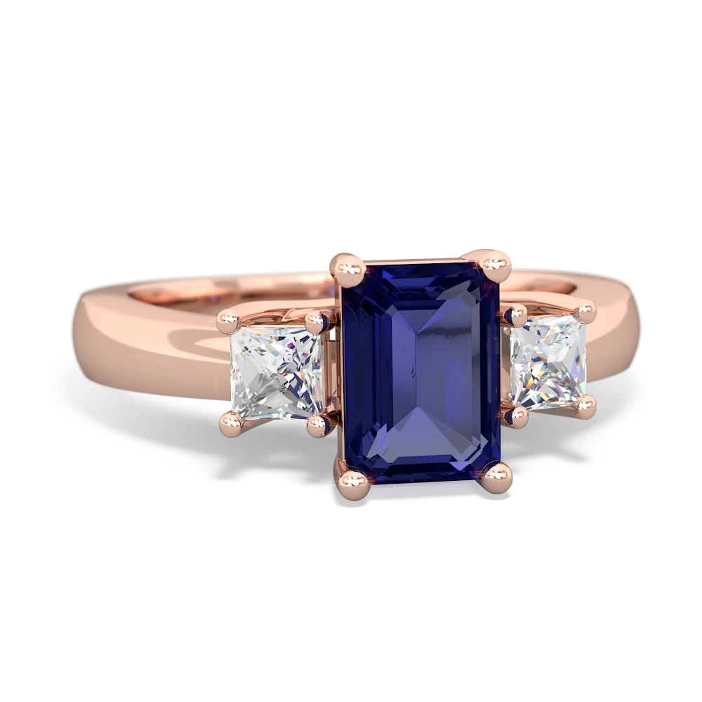 Lab Sapphire Diamond Three Stone Emerald-Cut Trellis 14K Rose Gold ring R4021