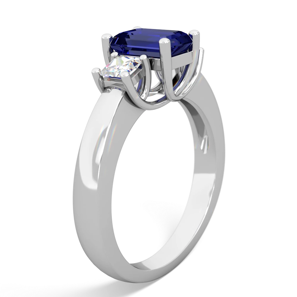 Lab Sapphire Diamond Three Stone Emerald-Cut Trellis 14K White Gold ring R4021