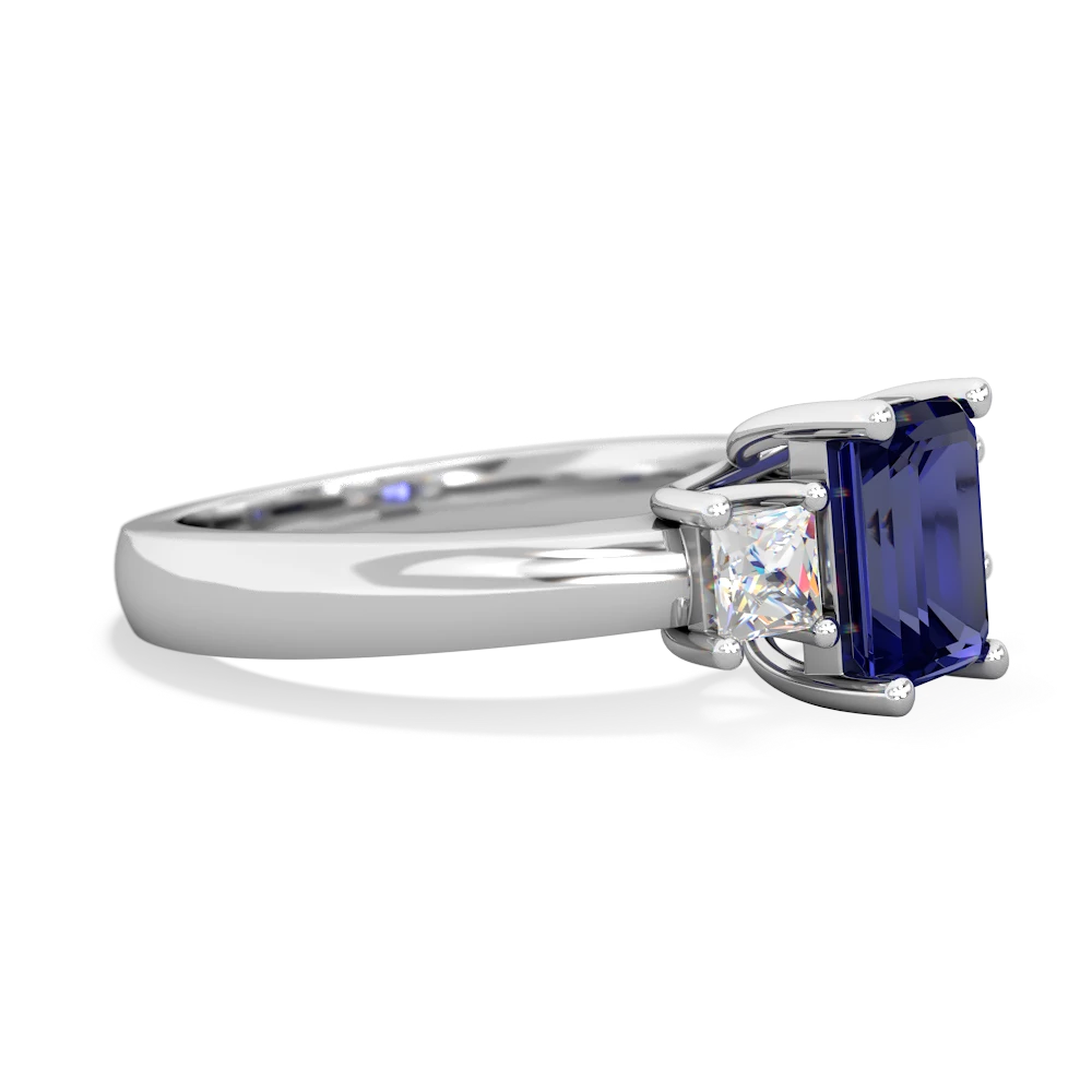 Lab Sapphire Diamond Three Stone Emerald-Cut Trellis 14K White Gold ring R4021