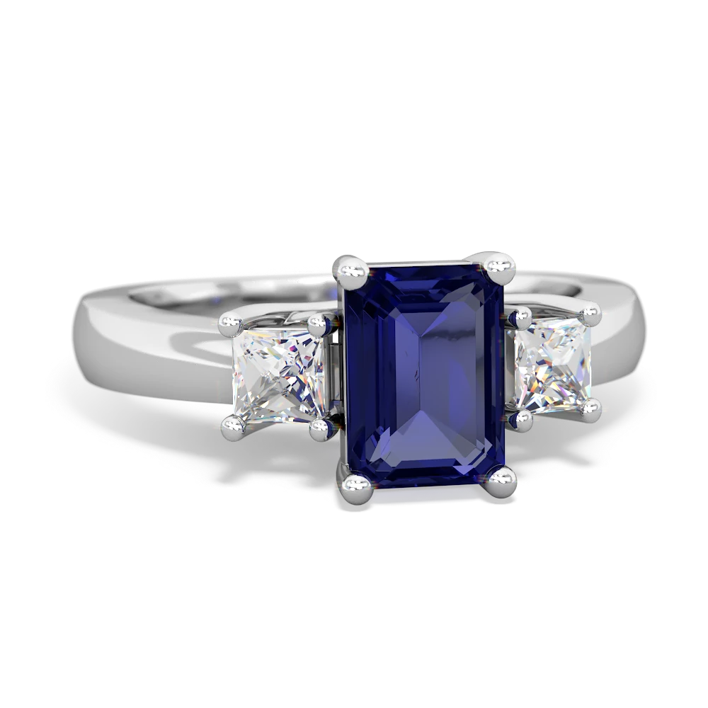 Lab Sapphire Diamond Three Stone Emerald-Cut Trellis 14K White Gold ring R4021