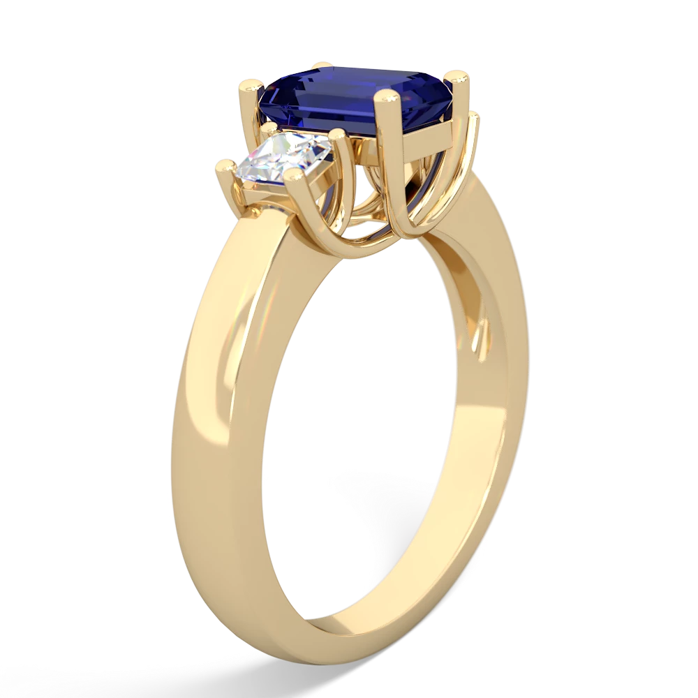 Lab Sapphire Diamond Three Stone Emerald-Cut Trellis 14K Yellow Gold ring R4021