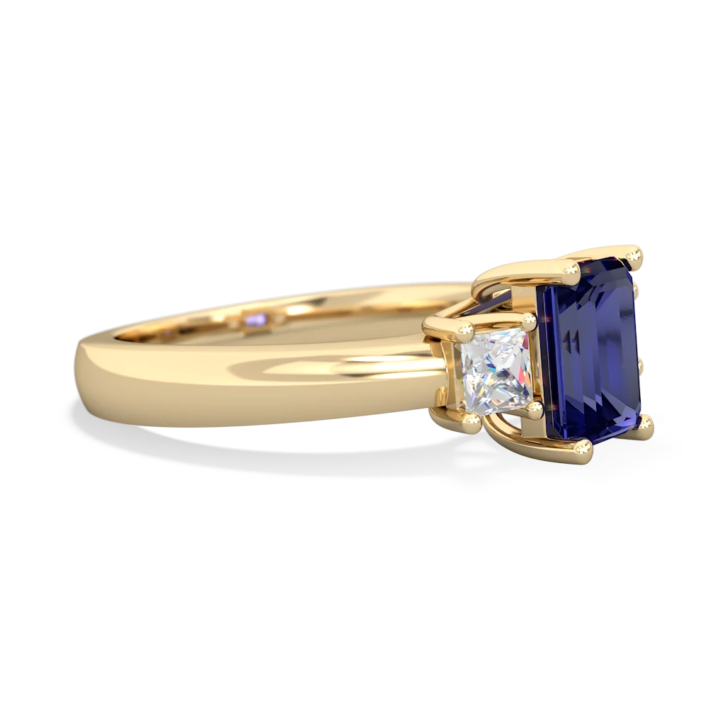 Lab Sapphire Diamond Three Stone Emerald-Cut Trellis 14K Yellow Gold ring R4021