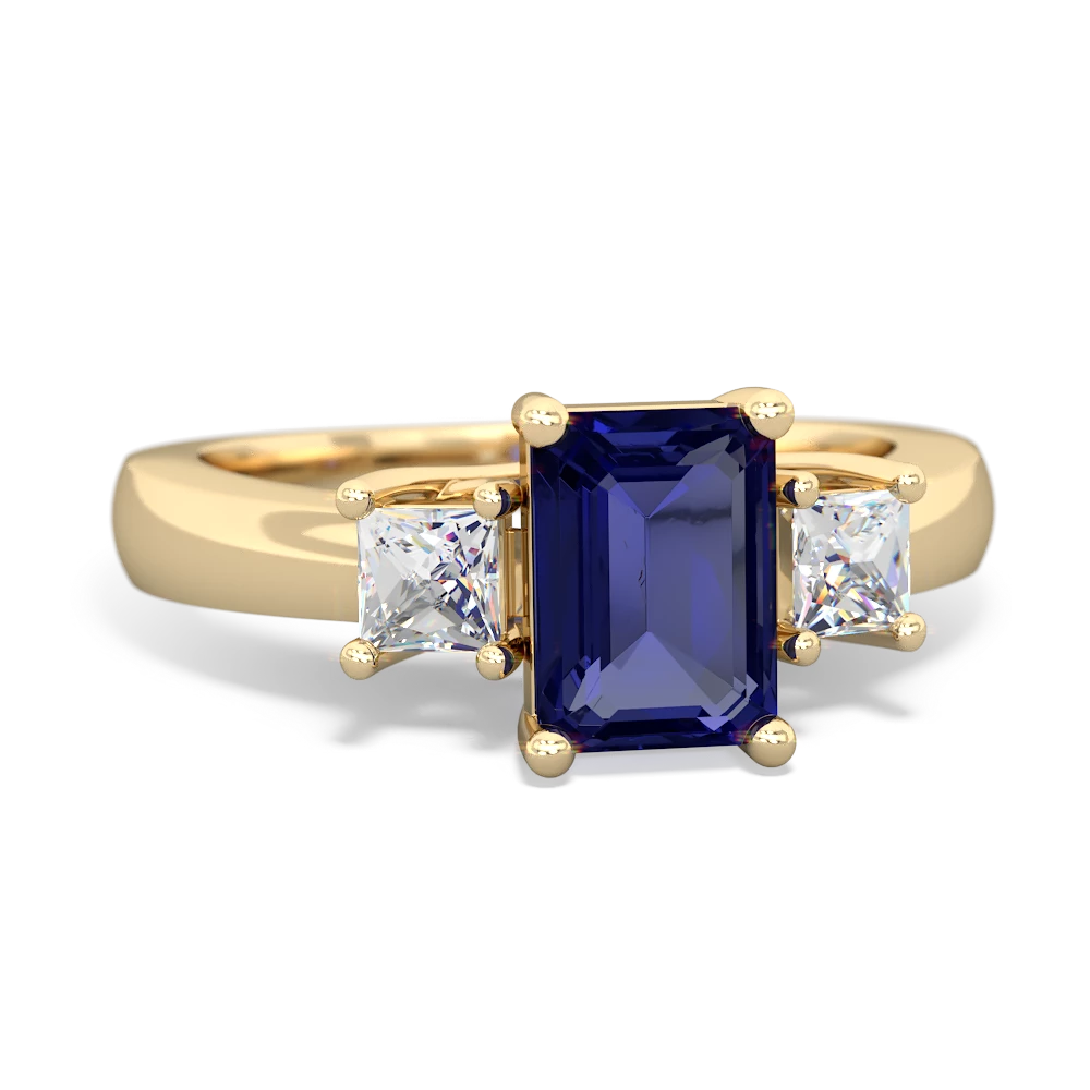 Lab Sapphire Diamond Three Stone Emerald-Cut Trellis 14K Yellow Gold ring R4021