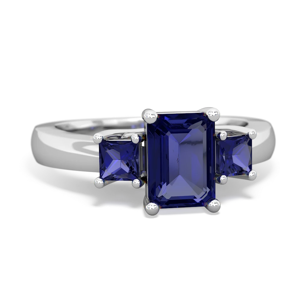 Lab Sapphire Three Stone Emerald-Cut Trellis 14K White Gold ring R4021