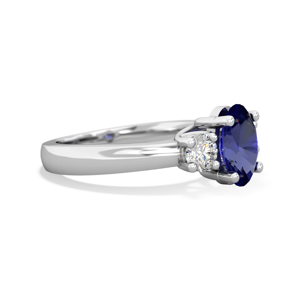Lab Sapphire Diamond Three Stone Oval Trellis 14K White Gold ring R4024