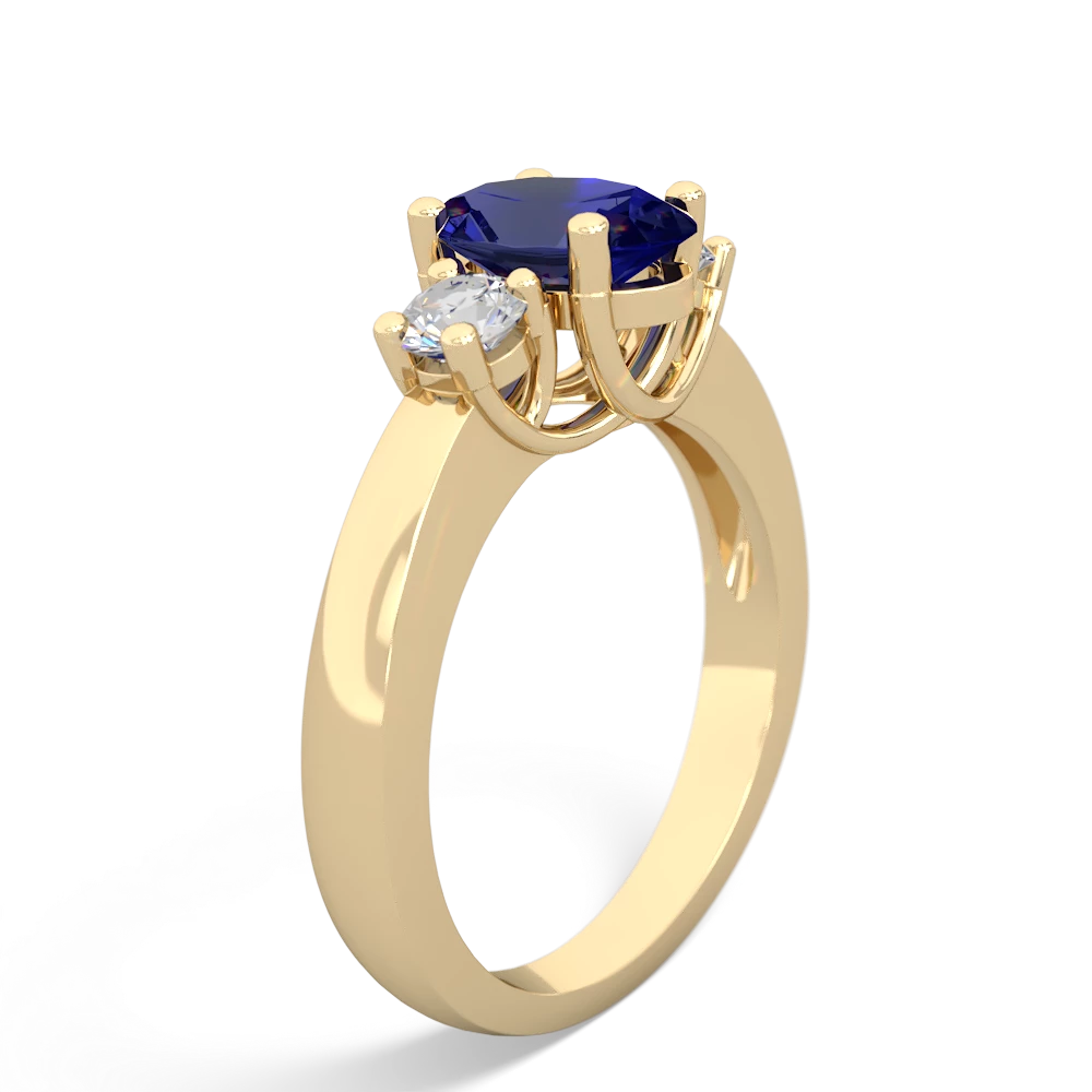 Lab Sapphire Diamond Three Stone Oval Trellis 14K Yellow Gold ring R4024