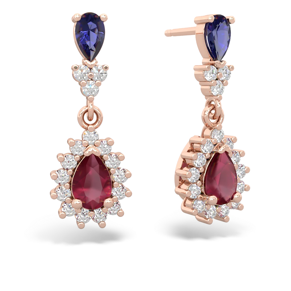 Lab Sapphire Halo Pear Dangle 14K Rose Gold earrings E1882