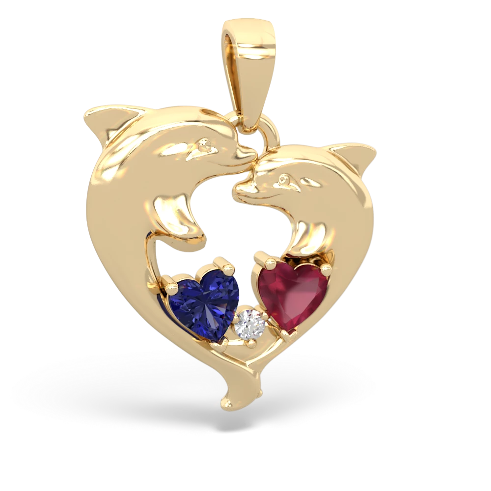 Lab Sapphire Dolphin Heart 14K Yellow Gold pendant P5820