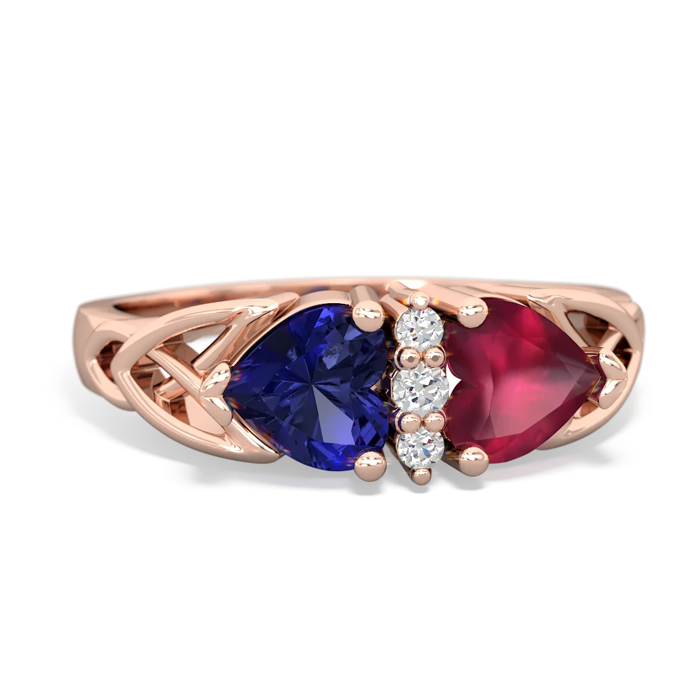 Lab Sapphire Celtic Knot Double Heart 14K Rose Gold ring R5040