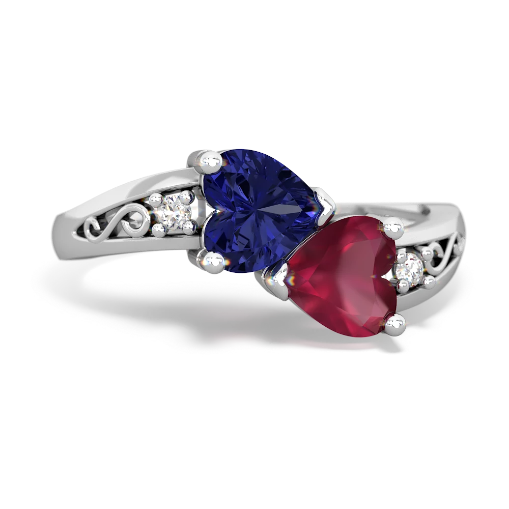 Lab Sapphire Snuggling Hearts 14K White Gold ring R2178