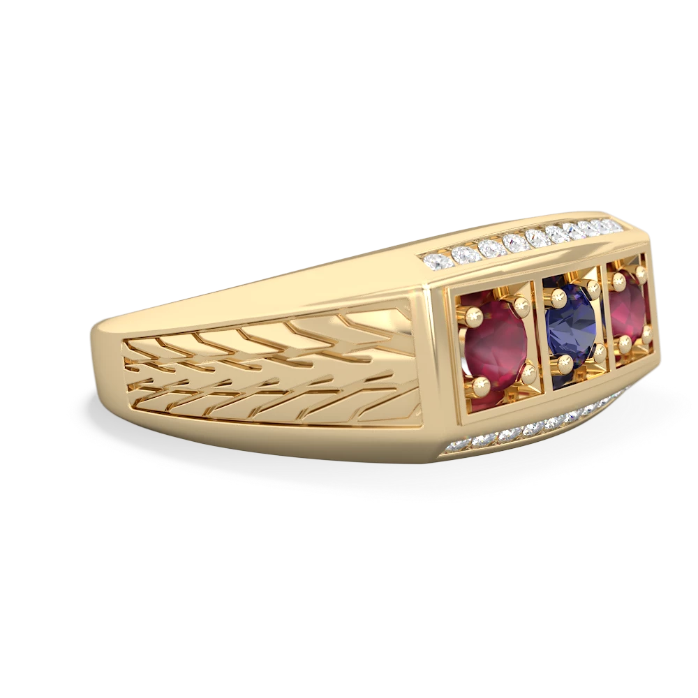 Lab Sapphire Three Stone Tire Tread Men's 14K Yellow Gold ring R0520