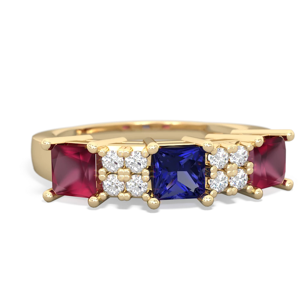 Lab Sapphire Three Stone Diamond Cluster 14K Yellow Gold ring R2592