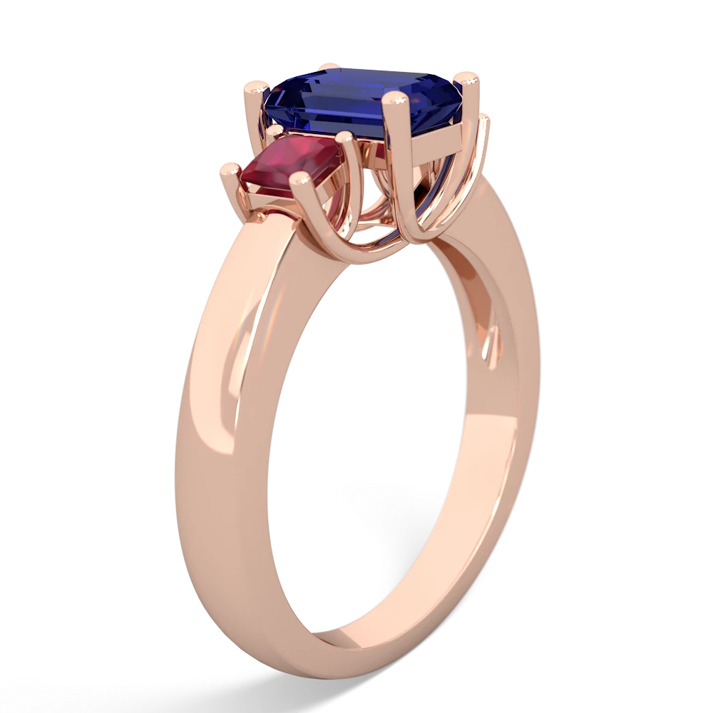 Lab Sapphire Three Stone Emerald-Cut Trellis 14K Rose Gold ring R4021