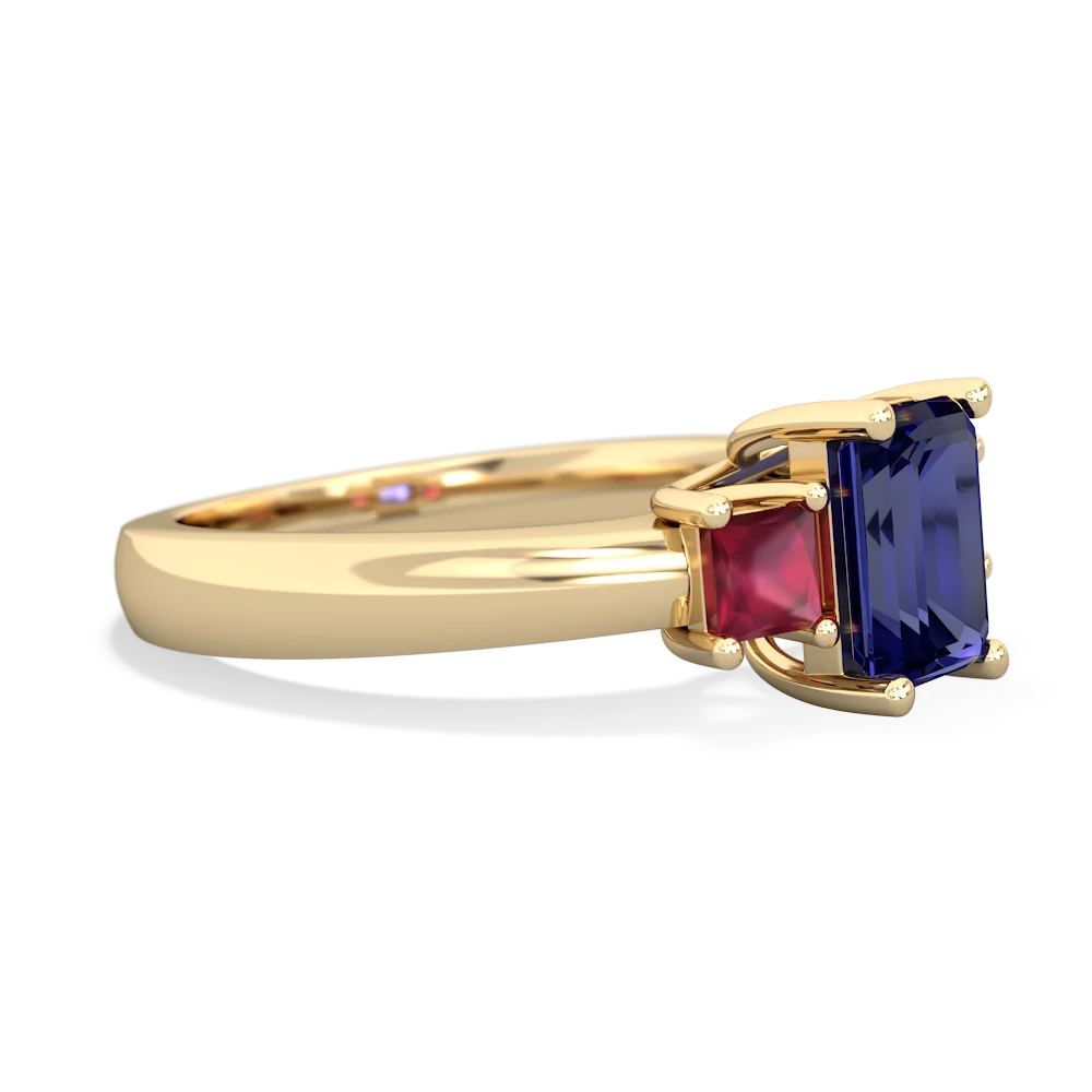 Lab Sapphire Three Stone Emerald-Cut Trellis 14K Yellow Gold ring R4021