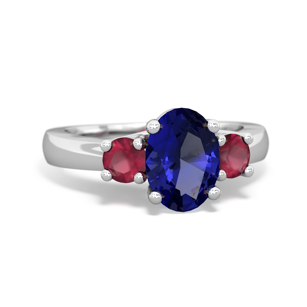 Lab Sapphire Three Stone Oval Trellis 14K White Gold ring R4024