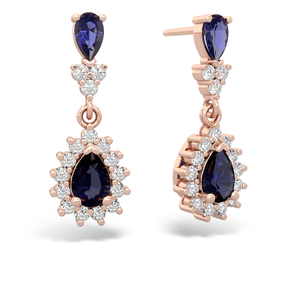 Lab Sapphire Halo Pear Dangle 14K Rose Gold earrings E1882