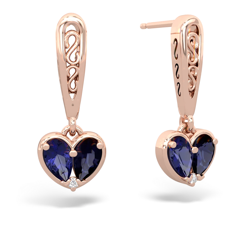 Lab Sapphire Filligree Heart 14K Rose Gold earrings E5070