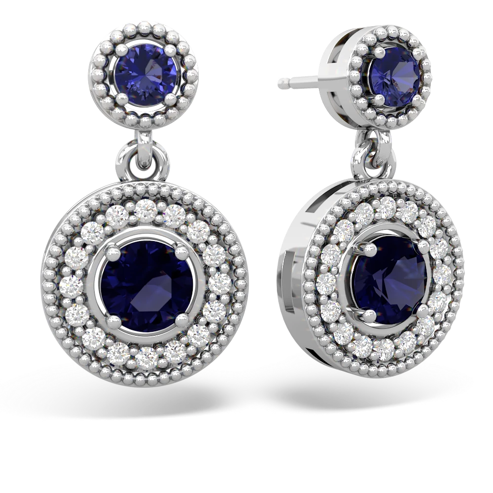 Lab Sapphire Halo Dangle 14K White Gold earrings E5319