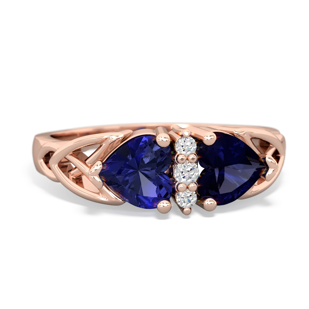 Lab Sapphire Celtic Knot Double Heart 14K Rose Gold ring R5040