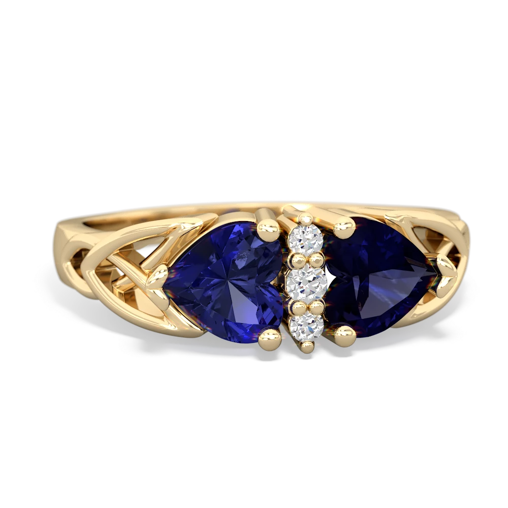 Lab Sapphire Celtic Knot Double Heart 14K Yellow Gold ring R5040