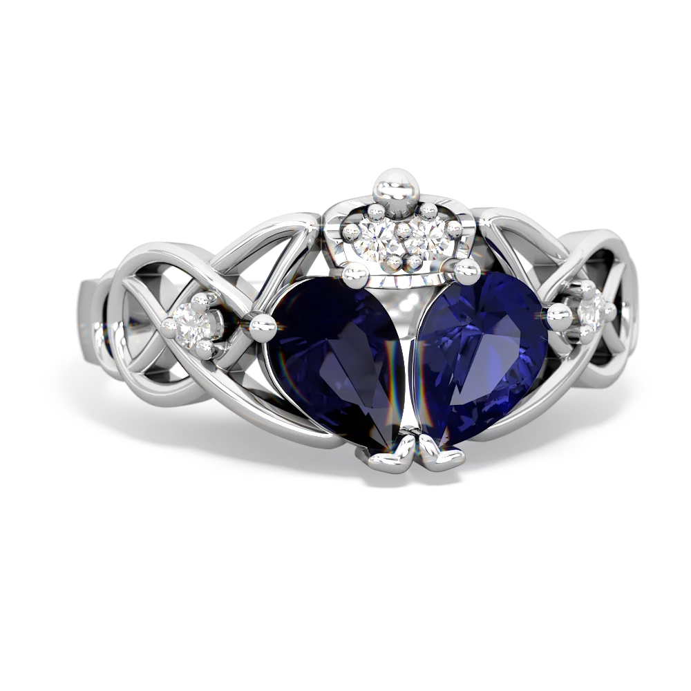 Lab Sapphire 'One Heart' Celtic Knot Claddagh 14K White Gold ring R5322