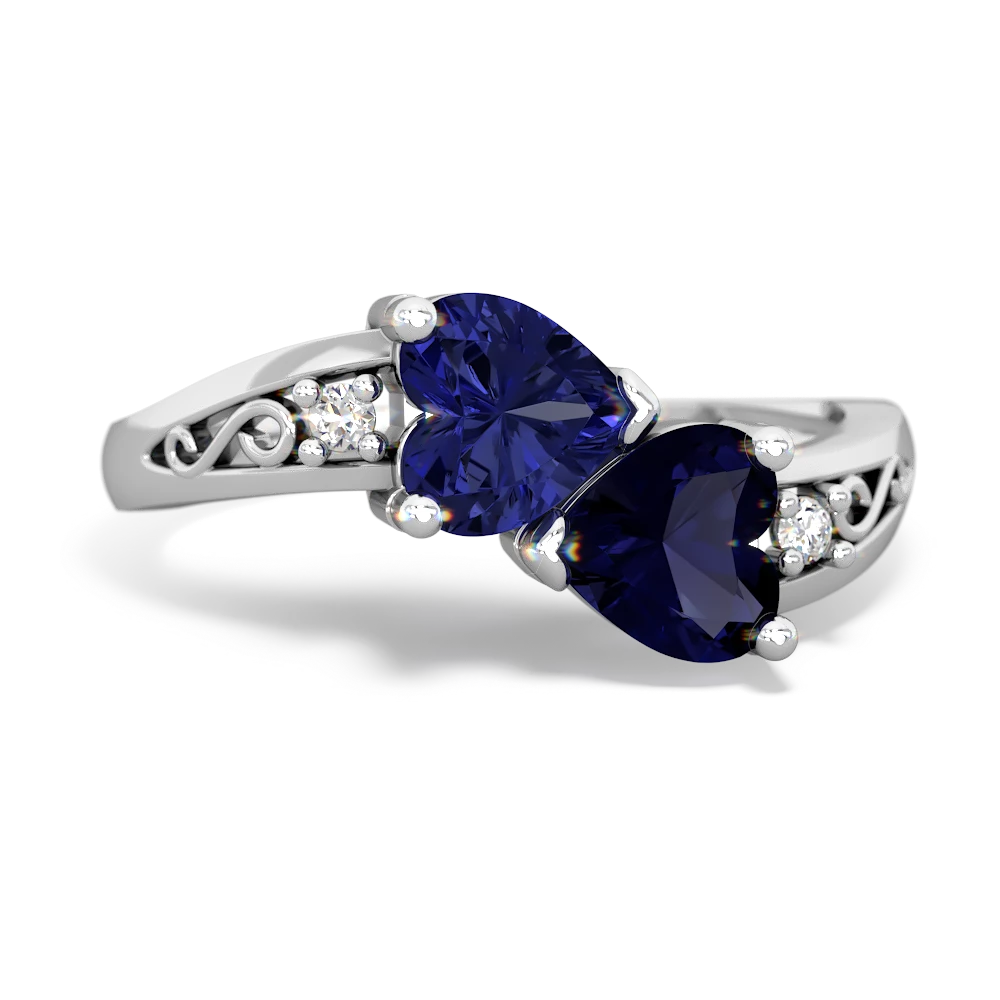 Lab Sapphire Snuggling Hearts 14K White Gold ring R2178