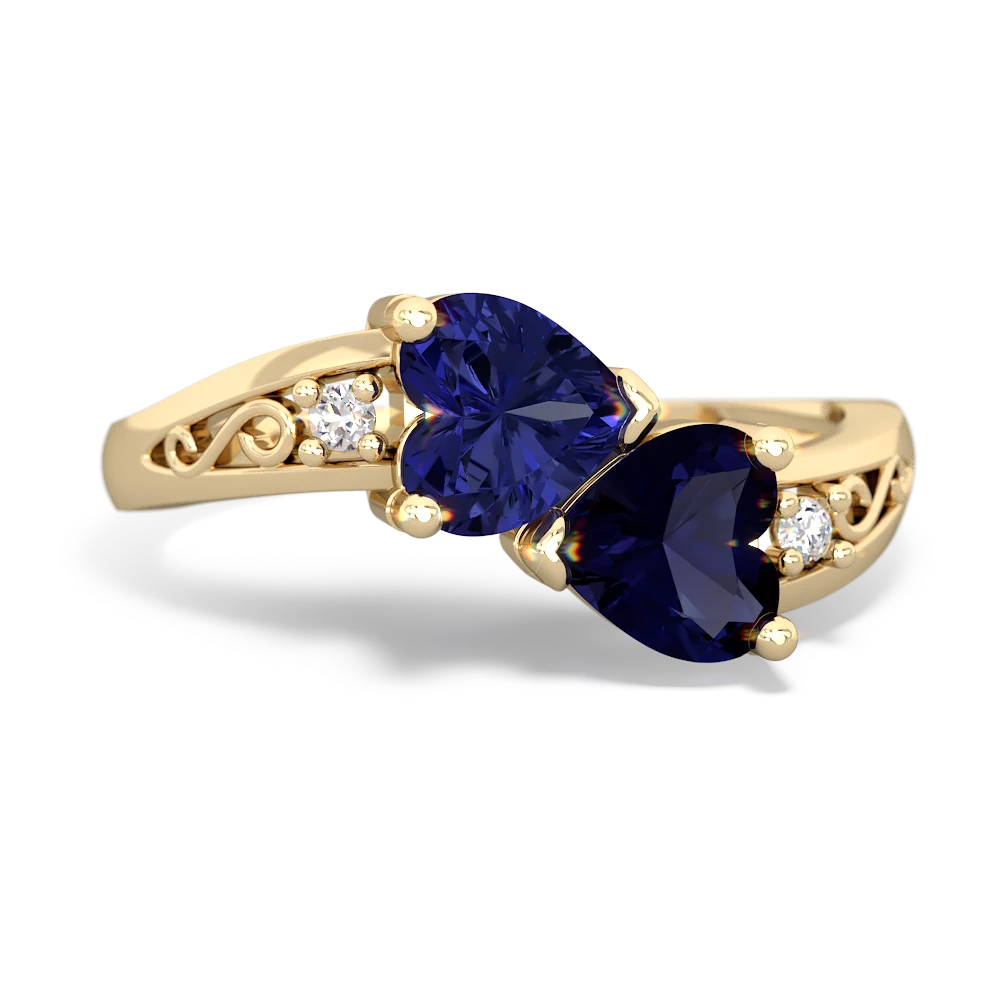 Lab Sapphire Snuggling Hearts 14K Yellow Gold ring R2178