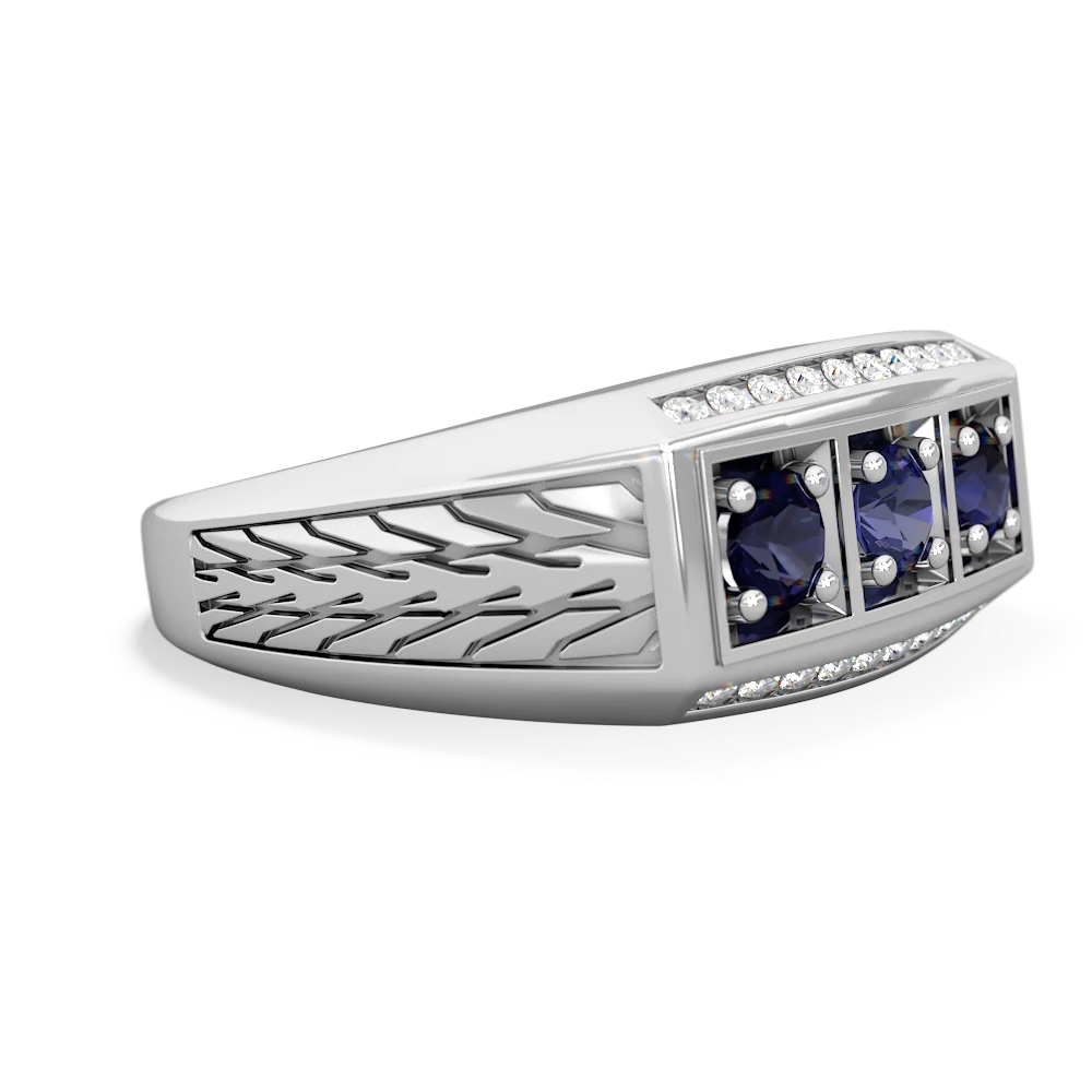 Lab Sapphire Three Stone Tire Tread Men's 14K White Gold ring R0520