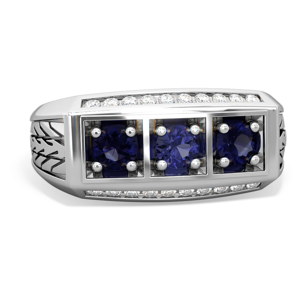 Lab Sapphire Three Stone Tire Tread Men's 14K White Gold ring R0520