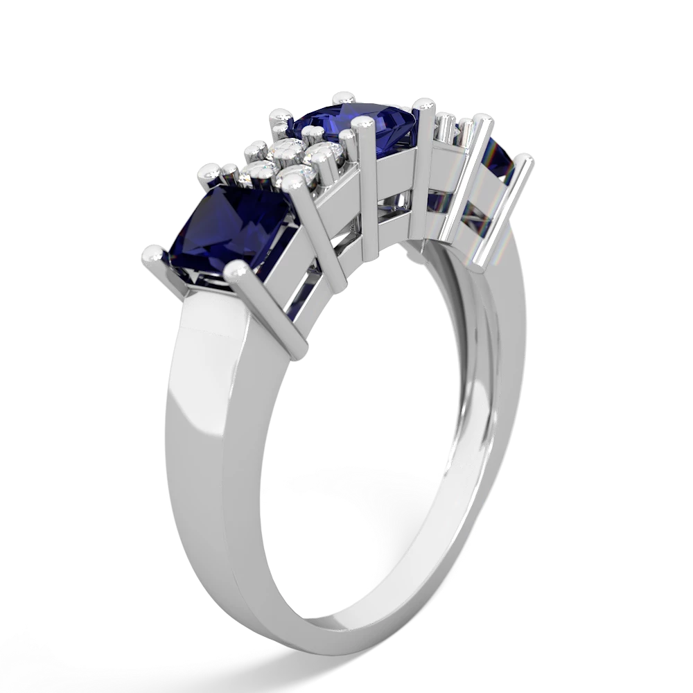 Lab Sapphire Three Stone Diamond Cluster 14K White Gold ring R2592