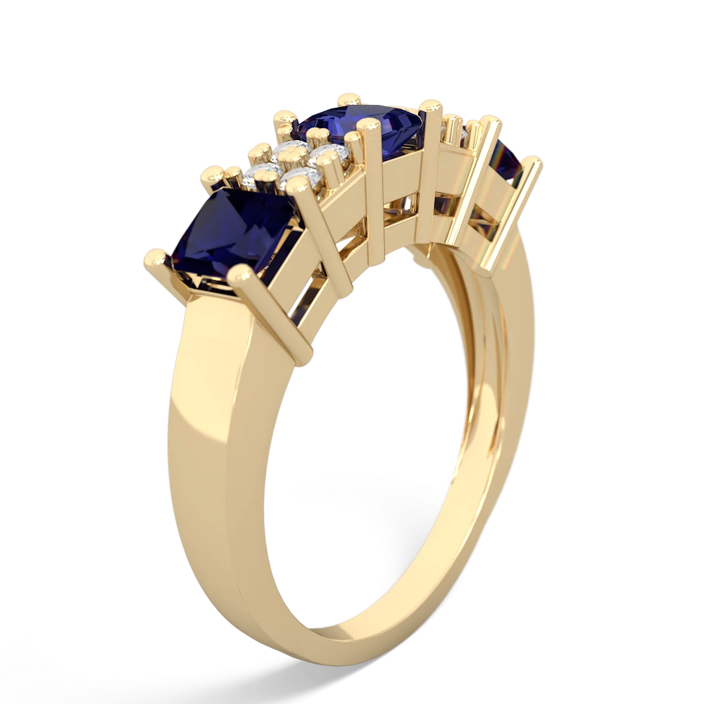 Lab Sapphire Three Stone Diamond Cluster 14K Yellow Gold ring R2592