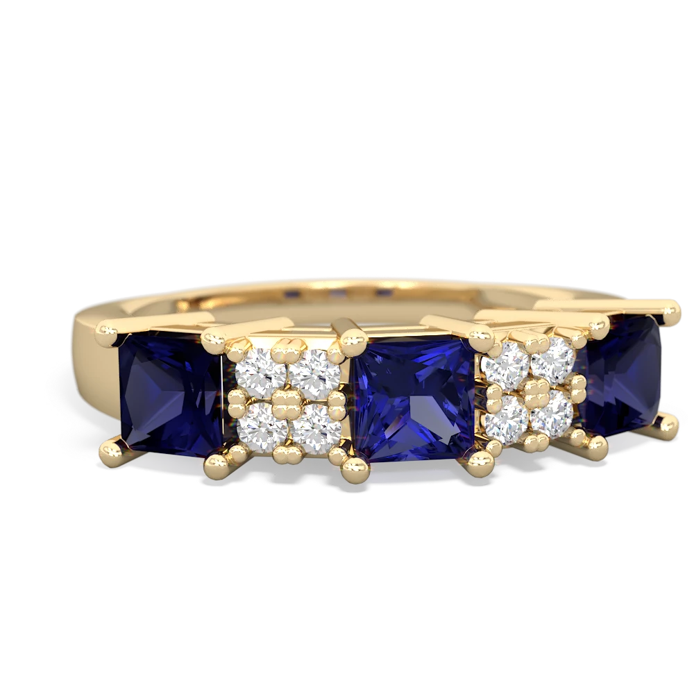 Lab Sapphire Three Stone Diamond Cluster 14K Yellow Gold ring R2592