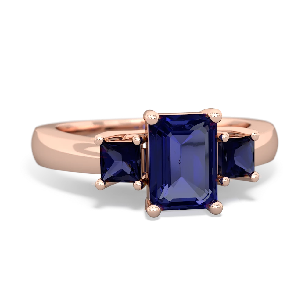 Lab Sapphire Three Stone Emerald-Cut Trellis 14K Rose Gold ring R4021