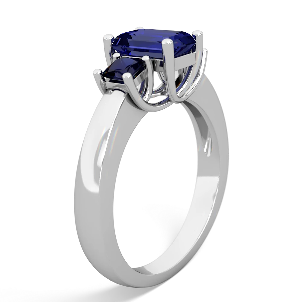 Lab Sapphire Three Stone Emerald-Cut Trellis 14K White Gold ring R4021