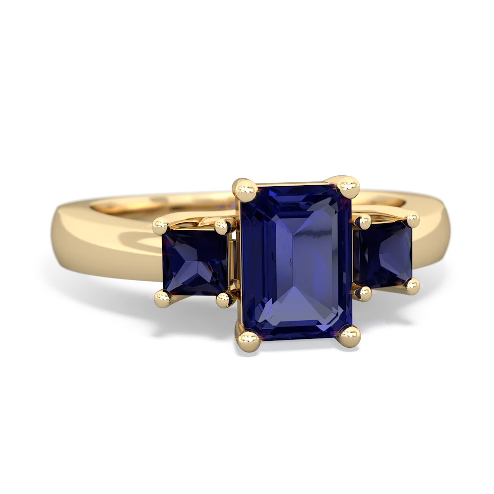 Lab Sapphire Three Stone Emerald-Cut Trellis 14K Yellow Gold ring R4021