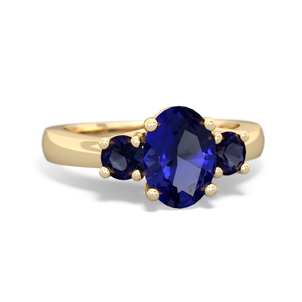 Lab Sapphire Three Stone Oval Trellis 14K Yellow Gold ring R4024