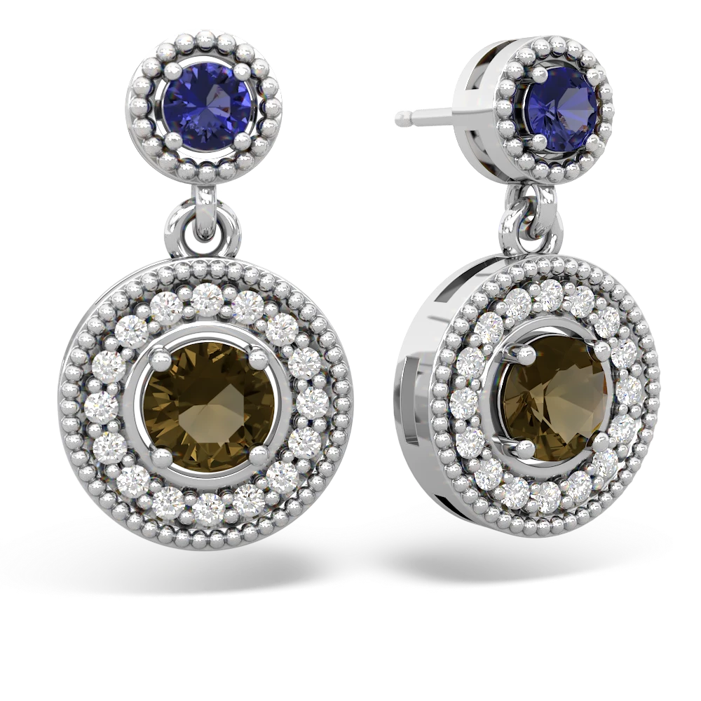 Lab Sapphire Halo Dangle 14K White Gold earrings E5319