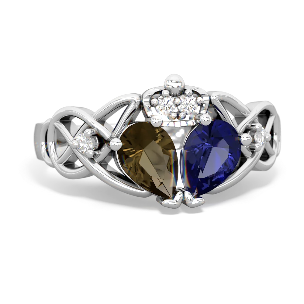 Lab Sapphire 'One Heart' Celtic Knot Claddagh 14K White Gold ring R5322