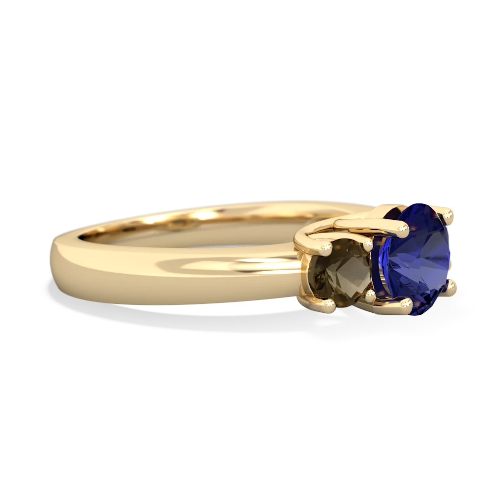 Lab Sapphire Three Stone Round Trellis 14K Yellow Gold ring R4018