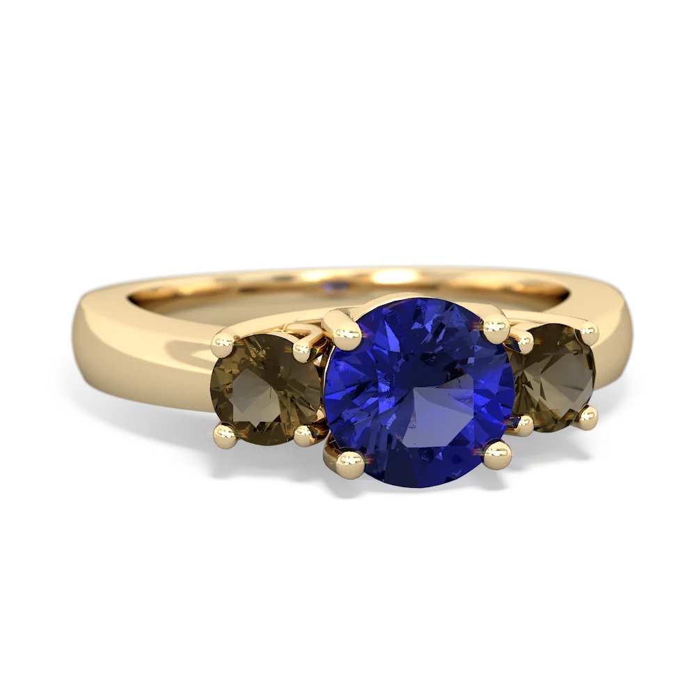 Lab Sapphire Three Stone Round Trellis 14K Yellow Gold ring R4018