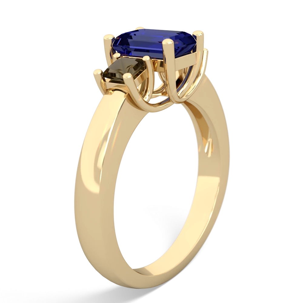 Lab Sapphire Three Stone Emerald-Cut Trellis 14K Yellow Gold ring R4021