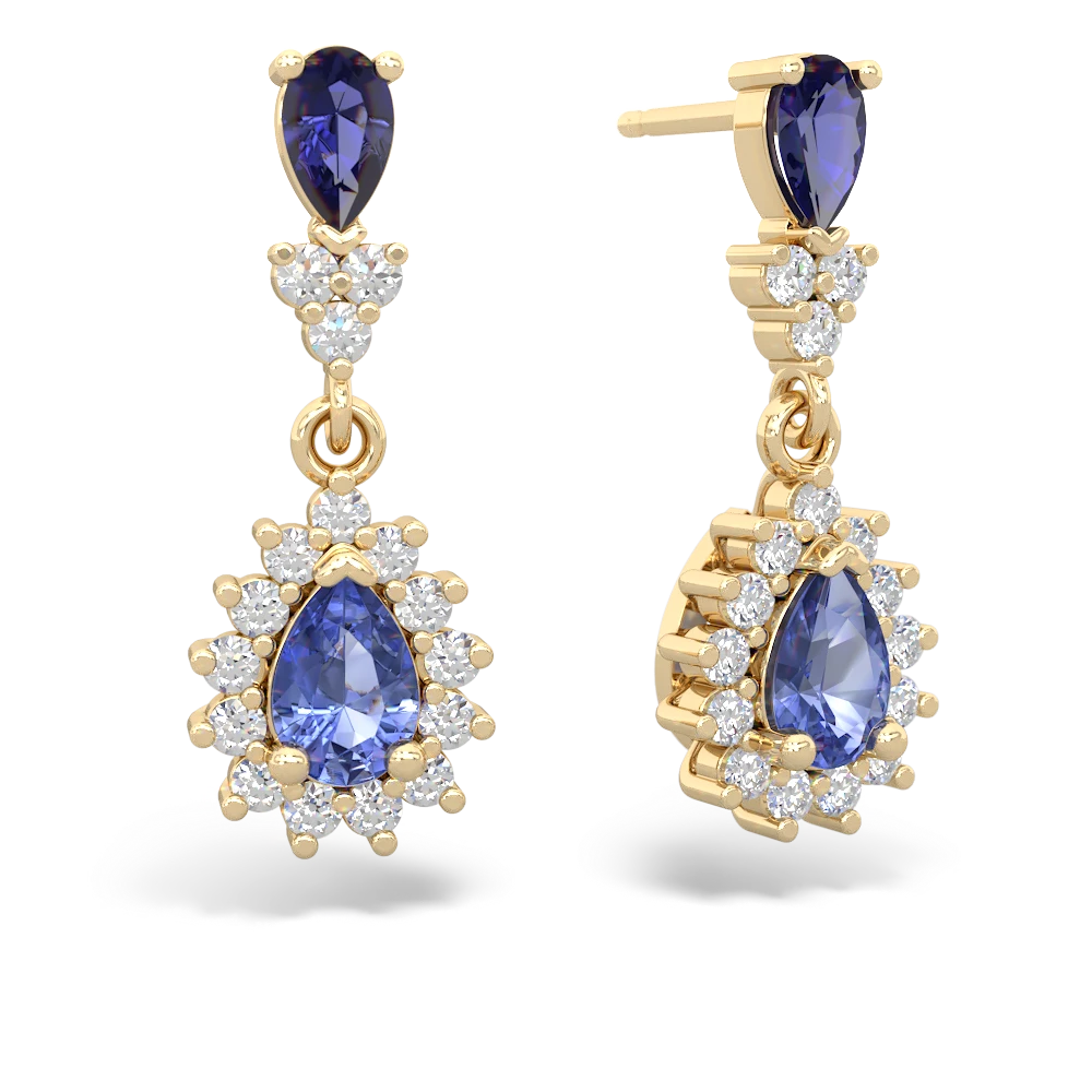 Lab Sapphire Halo Pear Dangle 14K Yellow Gold earrings E1882